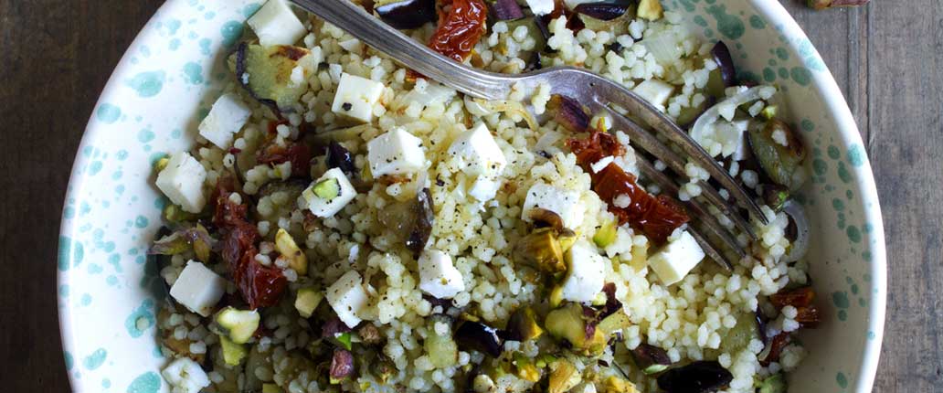 Cous cous con melanzane, pistacchi e Salva Cremasco D.O.P.