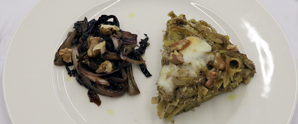 Lasagnette in forma con Radicchio di Treviso I.G.P., noci e salsa mornay al Taleggio D.O.P.