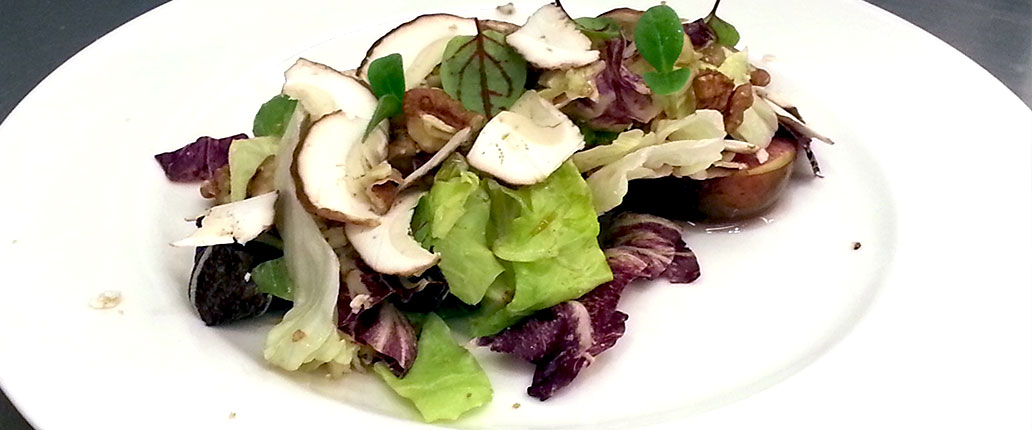 INSALATA DI FUNGHI PORCINI CRUDI CON SALVA CREMASCO DOP E FICHI CARAMELLATI